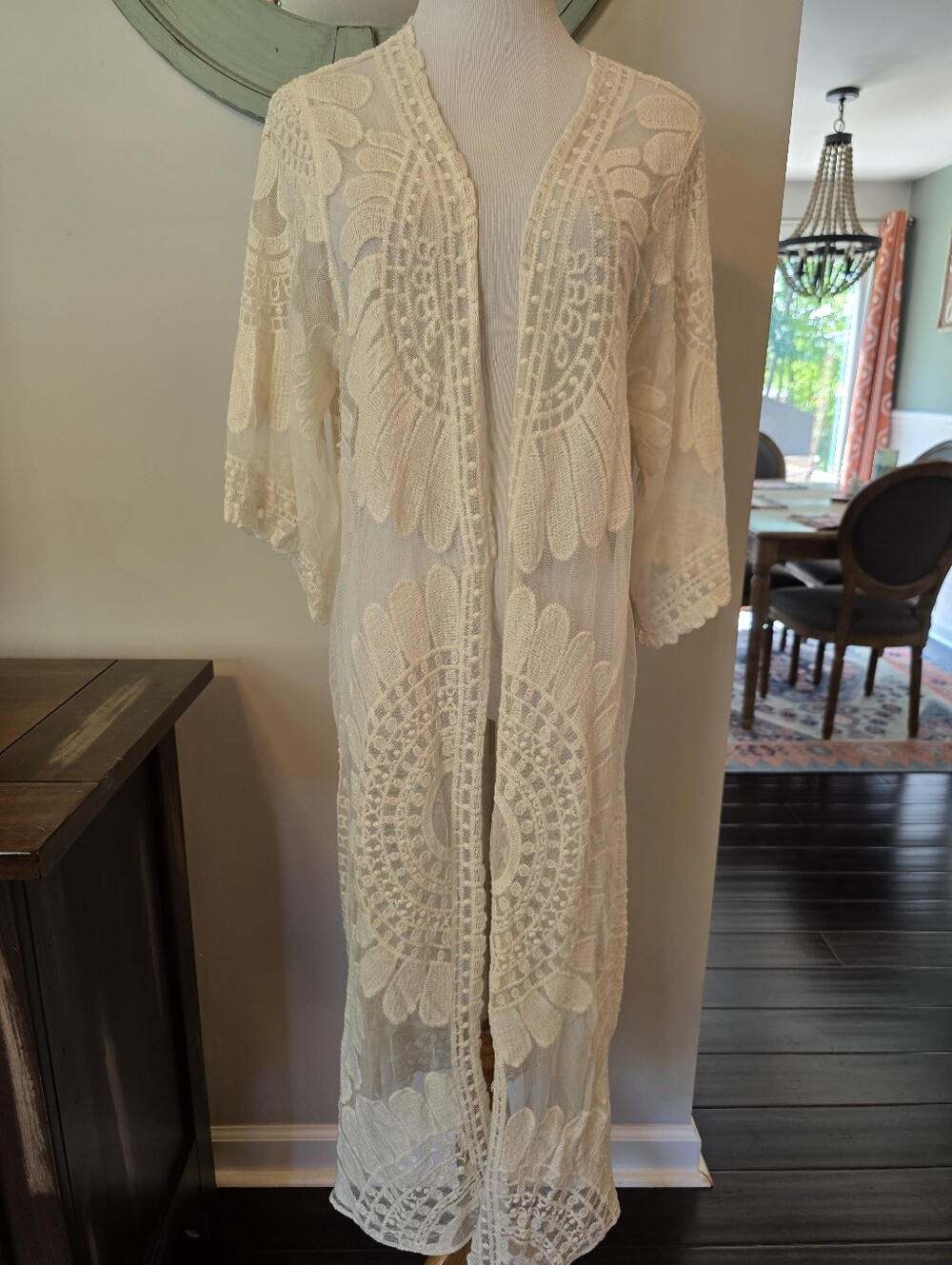 Rebellion Again Size Small Fully Open Ivory Embroidered Lace Kimono Duster Beach - Picture 2 of 8